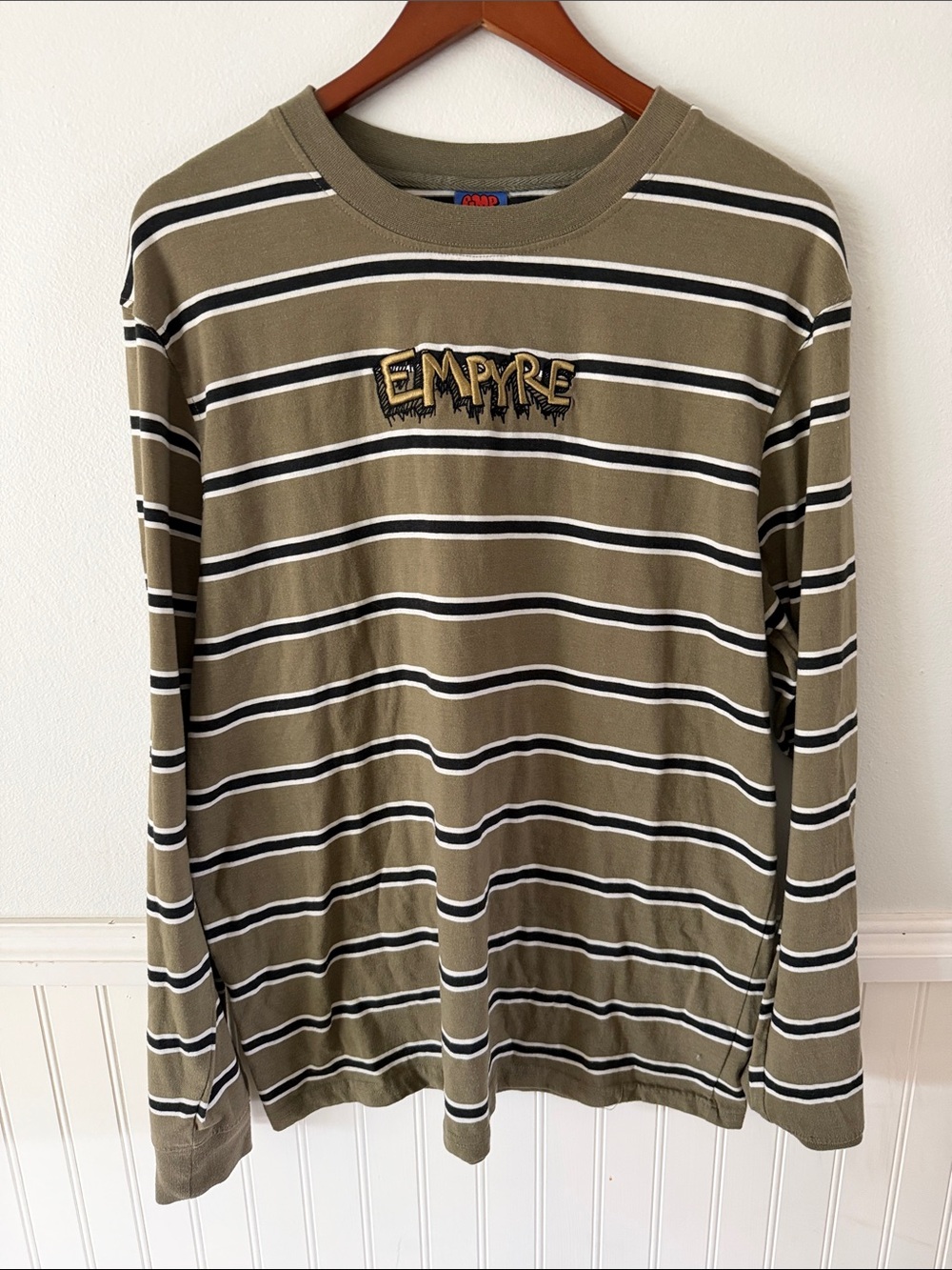 Empyre Olive Striped Long Sleeve Crewneck with Embroidered Logo